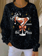 Women's Santa's Favorite Hot Mess Print Ribbed Round-Neck Sweatshirt