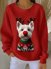 Women's West Highland White Terrier Westie Christmas Ribbed Round-Neck Sweatshirt