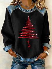 Women's Faith Christmas Tree Denim Patchwork Top