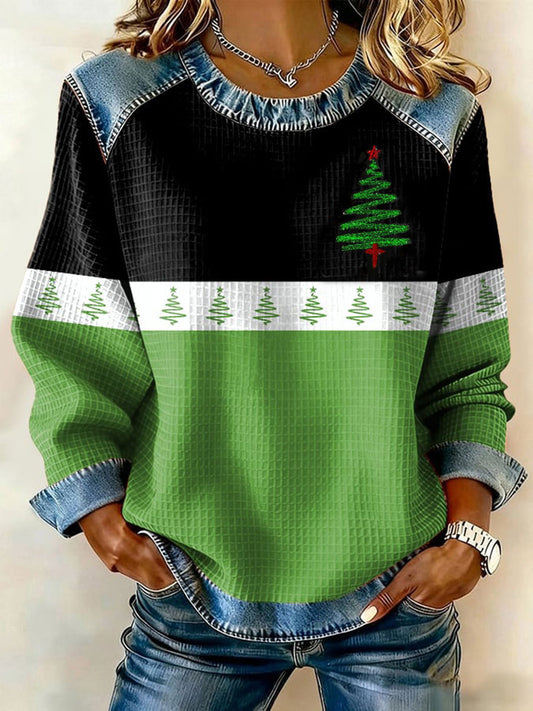 Women's Christmas Tree Cross Denim Patchwork Top