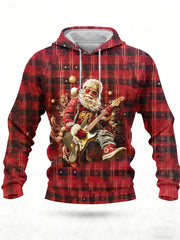 Men's Christmas Tree Plaid Punk Santa Claus Print Casual Velvet Raglan Hoodie Sweatshirt