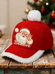 Unisex Christmas Believe Santa Claus Print Plush Stitching Hat