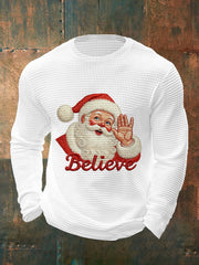 Men's Christmas Believe Santa Claus Print Casual Waffle Long Sleeve Top