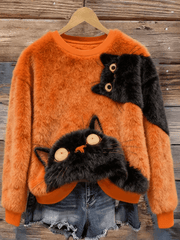 Women's Black Cat Print Flannel Hoodie