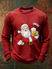 Men's Cheers! Funny Christmas Santa Claus Print Casual Waffle Long Sleeve Top