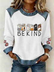 Women's Cut Cat Paws Printed Denim Patchwork Top