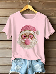 Women's Merry Christmas Retro Yarn Crochet Santa Claus Pink Santa Blowing Bubble Gum T-Shirt