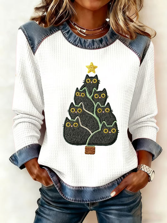 Women's Cute Cat Christmas Tree Denim Patchwork Top