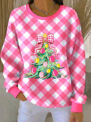 Women's Christmas Tree Plaid Ribbed Round-Neck Sweatshirt
