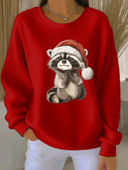 Women's Funny Raccoon Christmas Ribbed Round-Neck Sweatshirt