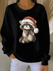 Women's Funny Raccoon Christmas Ribbed Round-Neck Sweatshirt