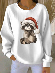Women's Funny Raccoon Christmas Ribbed Round-Neck Sweatshirt