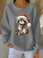Women's Funny Raccoon Christmas Ribbed Round-Neck Sweatshirt