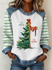 Women's The Season Christmas Tree And Cross Denim Patchwork Top
