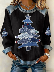 Women's Christmas tree Denim Patchwork Top