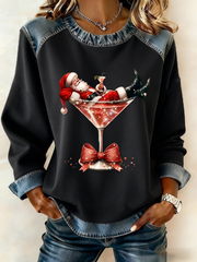 Women's Santa Claus sits on a wine glass Denim Patchwork Top