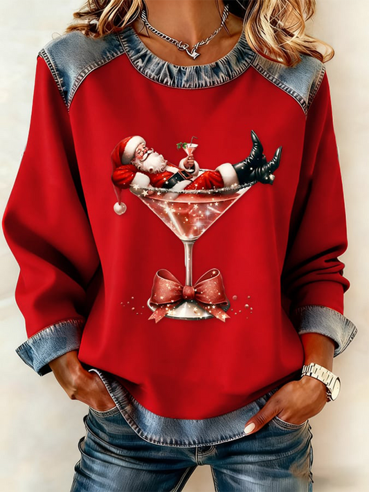 Women's Santa Claus sits on a wine glass Denim Patchwork Top