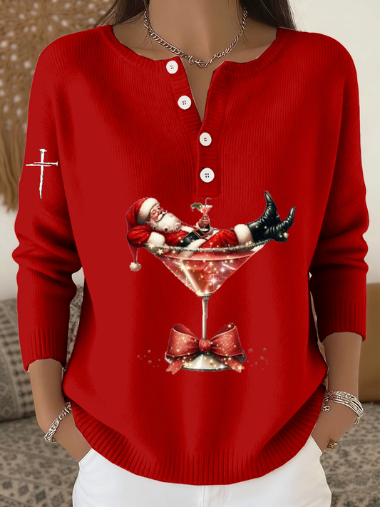Women‘s Santa Claus sits on a wine glass long-sleeve cardigan