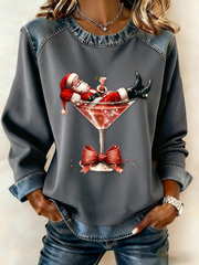 Women's Santa Claus sits on a wine glass Denim Patchwork Top