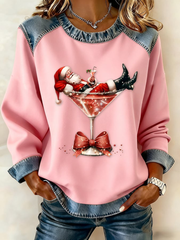Women's Santa Claus sits on a wine glass Denim Patchwork Top