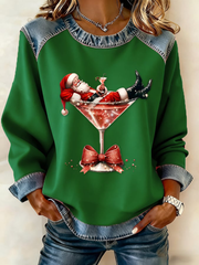 Women's Santa Claus sits on a wine glass Denim Patchwork Top