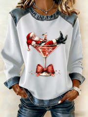 Women's Santa Claus sits on a wine glass Denim Patchwork Top