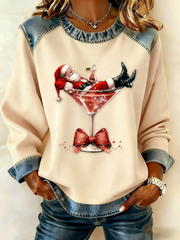 Women's Santa Claus sits on a wine glass Denim Patchwork Top