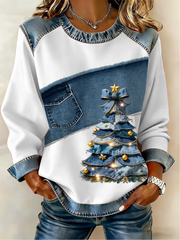 Women's Casual Retro Christmas Tree Denim Patchwork Top