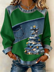 Women's Casual Retro Christmas Tree Denim Patchwork Top