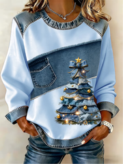 Women's Casual Retro Christmas Tree Denim Patchwork Top
