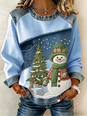 Women's Casual Retro Christmas Snowman Denim Patchwork Top