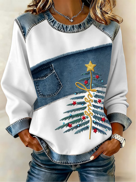 Women's Casual Retro Faith Christmas Tree Denim Patchwork Top