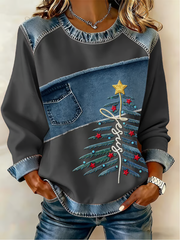 Women's Casual Retro Faith Christmas Tree Denim Patchwork Top