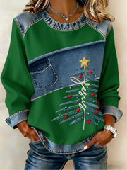 Women's Casual Retro Faith Christmas Tree Denim Patchwork Top