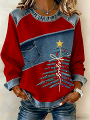 Women's Casual Retro Faith Christmas Tree Denim Patchwork Top