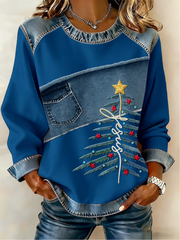 Women's Casual Retro Faith Christmas Tree Denim Patchwork Top