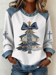 Women's Casual Retro Christmas Tree Denim Patchwork Top