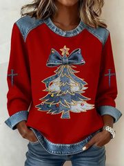 Women's Casual Retro Christmas Tree Denim Patchwork Top