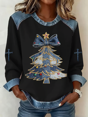 Women's Casual Retro Christmas Tree Denim Patchwork Top