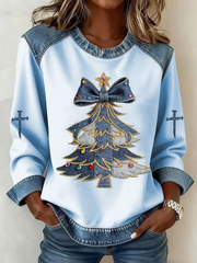Women's Casual Retro Christmas Tree Denim Patchwork Top