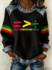 Women's Equality Is Greater Than Division Denim Patchwork Top