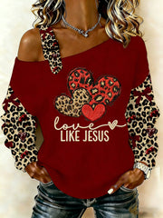 Women's Valentine's Day Love Like Jesus Heart Leopard Print Casual Off-Shoulder Top
