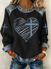 Women's Valentine's Day Heart Cross Denim Patchwork Top