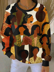 Women's Winter Black Print Ribbed Round-Neck Sweatshirt