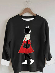 Women's Black Girl In Red Dress Art Print Casual Sweatshirt