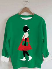 Women's Black Girl In Red Dress Art Print Casual Sweatshirt