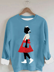 Women's Black Girl In Red Dress Art Print Casual Sweatshirt