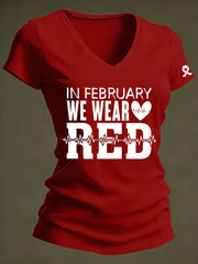 Women's Heart Disease Awareness Printed V-neck T-shirt