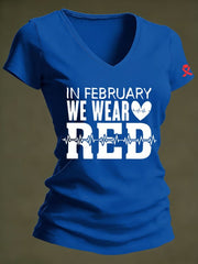 Women's Heart Disease Awareness Printed V-neck T-shirt