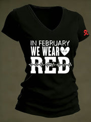 Women's Heart Disease Awareness Printed V-neck T-shirt